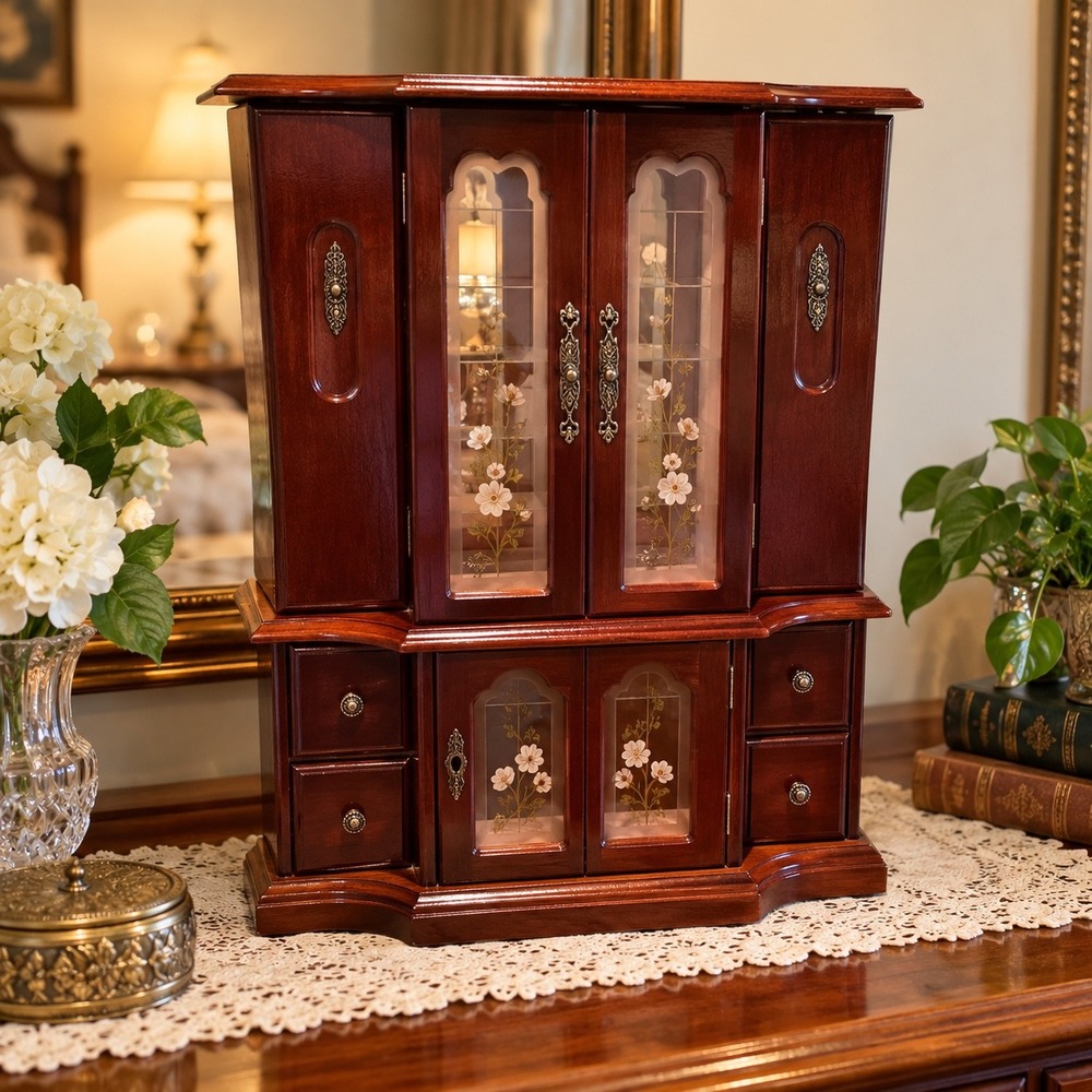 Vintage Wooden Jewelry Armoire Etched Floral Glass Mirror Necklace Storage